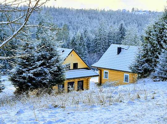 Dwa drewniane domki w zimowej scenerii