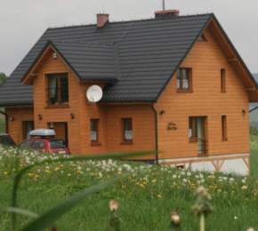 Widok zewnętrzny drewnianego domu z szarym dachem