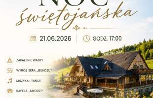 Plakat zawierający informacje o wydarzeniu. Zdjęcie drewnianej karczmy, wianek kwiatów, słoneczny krajobraz.