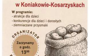 Plakat „Święto ziemniaka” (05.09.2026, Koniaków-Kosarzyska, start: 13:00). Organizator: KGW Koniaków. W programie: atrakcje dla dzieci, konkurencje dla dzieci i dorosłych oraz ziemniaczane przysmaki. Rysunek przedstawia worek z ziemniakami.