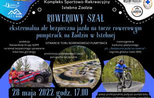 Plakat ze zdjęciem toru, rowerzystą i autem GOPR oraz programem wydarzenia