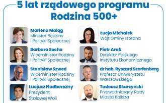 Plakat informujący o debacie online w ramach rządowego programu Rodzina 500+; na zdjęciach uczestnicy panelu, a wśród nich wójt gminy Istebna; debata 30.03.2021 g.12.00