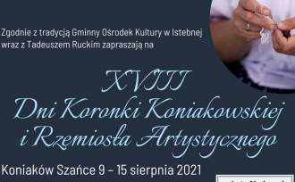 Banerek ze zdjęciem rąk koronczarki zapraszający do Koniakowa na Dni Koronki Koniakowskiej w dniach od 9 do 15 sierpnia 2021 roku
