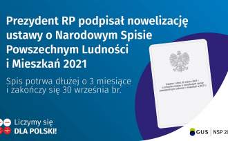 Plakat informujący o tym, ze Prezydent RP podpisał nowelizację ustawy o Narodowym Spisie Powszechnym Ludności i Mieszkań 2021. Spis potrwa dłużej o 3 miesiące i zakończy się 30 wrzesnia br.Liczymy się dla Polski!
