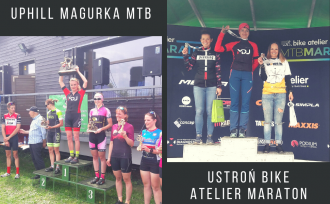 Anna Kaczmarzyk na podium - dwa połączone zdjęcia Uphill Magurka MTB i Ustroń Bike Atelier Maraton