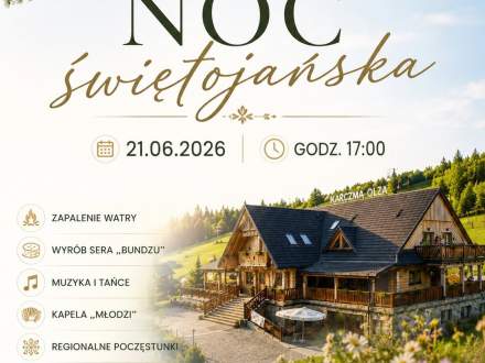 Plakat zawierający informacje o wydarzeniu. Zdjęcie drewnianej karczmy, wianek kwiatów, słoneczny krajobraz.