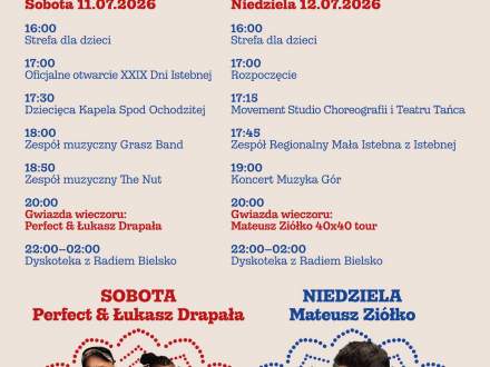 Plakat z programem wydarzenia i zdjęciami gwiazd