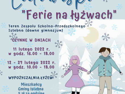 Plakat promujący lodowisko z parą dzieci na lodzie