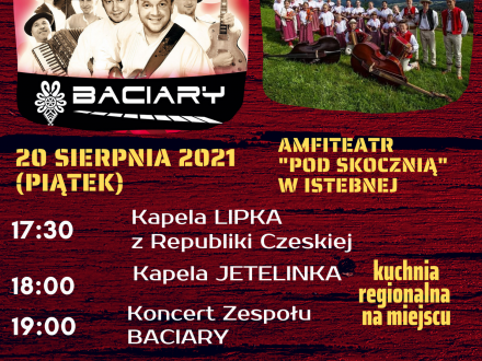 Plakat promujący koncert Na Góralką Nutę podczas którego 20 sierpnia 2021 roku w istebniańskim amfiteatrze wystąpią kapele Jetelinka i Lipka oraz zespół Baciary; na plakacie zdjęcia zespołów oraz loga i informacja o dofinansowaniu z programu Interreg VA