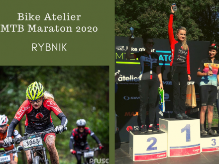 Bike Atelier MTB Maraton 2020 w Rybniku; Anna Kaczmarzyk na rowerze i na podium wraz z drugą Agnieszką Sitarek i trzecią Adą Varisell