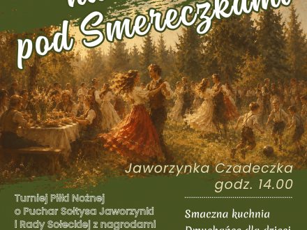 Plakat utrzymany w ciepłej, zielono-złotej kolorystyce. Tło stanowi malarska ilustracja przedstawiająca plenerową zabawę ludową – tańczące pary, biesiadujących uczestników oraz dzieci grające w piłkę na trawiastym terenie. W górnej części znajduje się zie