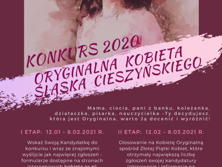 Plakat z informacjami o etapach konkursu zawartymi w regulaminie, jako element graficzny utrzymany w tonacji różowej portret kobiety w wianku; logoptypy organizatora i partnerów medialnych