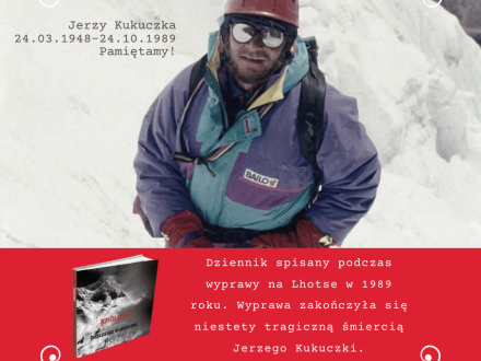 baner z wizerunkiem  Jerzego Kukuczki w górach z informacją o książce i datach urodzenia i śmierci