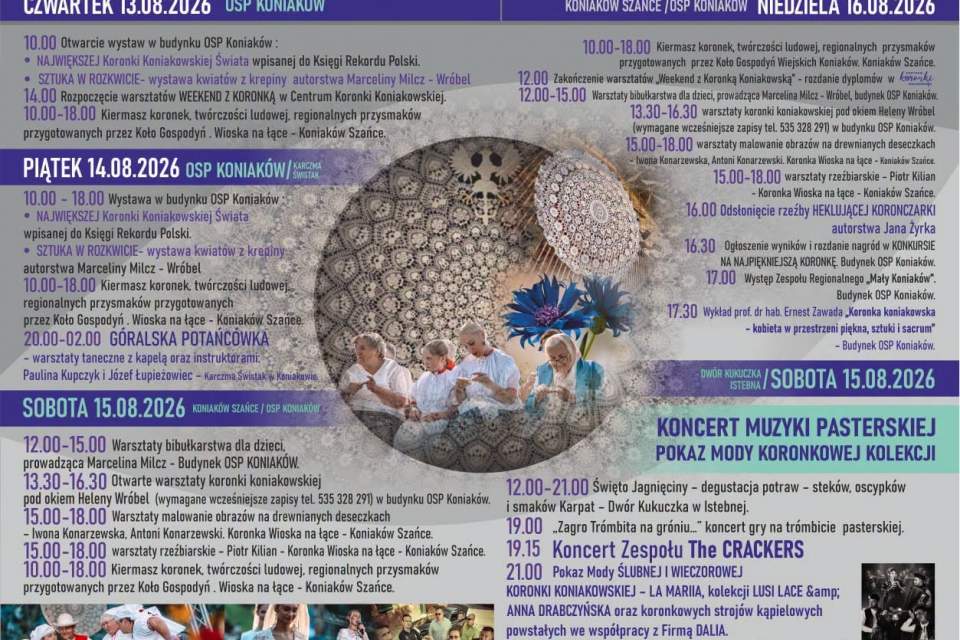 Plakat: Dni Koronki Koniakowskiej, 13–16 sierpnia 2026. W programie m.in. warsztaty, kiermasz, wystawy, koncert muzyki pasterskiej i pokaz mody koronkowej w OSP Koniaków, na Szańcach i w Dworze Kukuczka. Kontakt: ligockakohut@gmail.com.