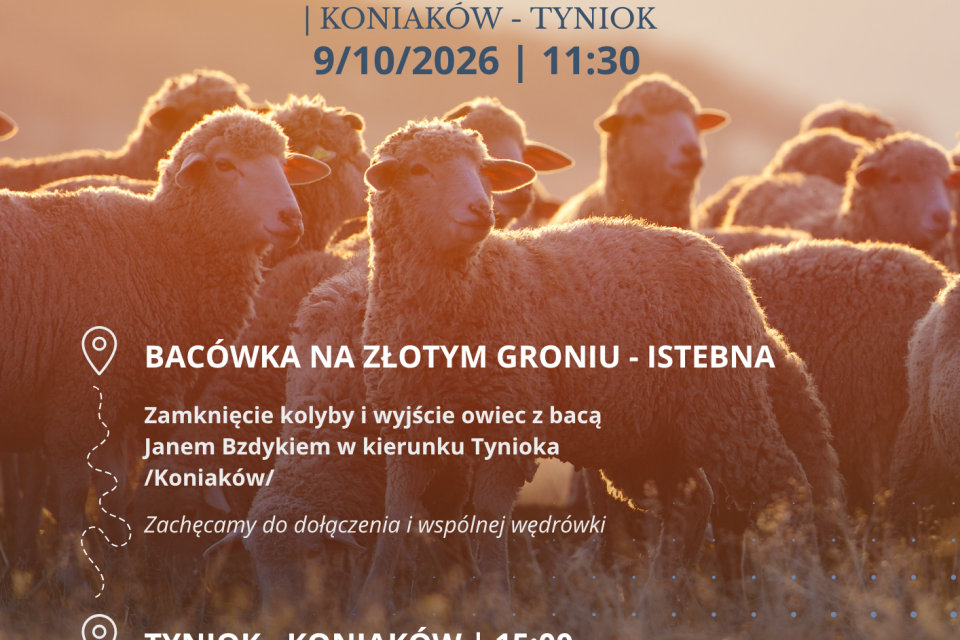 Plakat informuje o Redyku Jesiennym, który odbędzie się 9.10.2026 r. o godz. 11:30. W programie: przejście owiec z Bacówki na Złotym Groniu na Tyniok w Koniakowie (11:30), modlitwa, pokaz wyrobu buncu oraz występy zespołów (15:00). Tło: stado owiec.