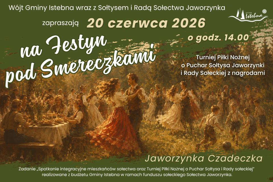 Plakat utrzymany w ciepłej, zielono-złotej kolorystyce. Tło stanowi malarska ilustracja przedstawiająca plenerową zabawę ludową – tańczące pary, biesiadujących uczestników oraz dzieci grające w piłkę na trawiastym terenie. W górnej części znajduje się zie