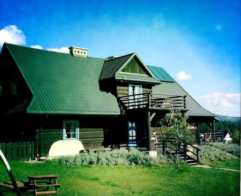 Drewniany dom z zielonym dachem