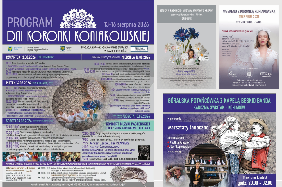 Plakat wydarzenia Dni Koronki Koniakowskiej (13–16 sierpnia 2026 r., Koniaków). W programie: wystawa największej koronki świata, warsztaty, kiermasz rękodzieła, potańcówka góralska, pokazy mody koronkowej oraz koncerty i wykłady.