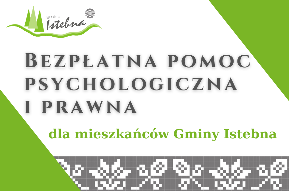 Baner informacyjny, na którym jest napisane bezpłatna pomoc psychologiczna i prawna dla mieszkańców Gminy Istebna