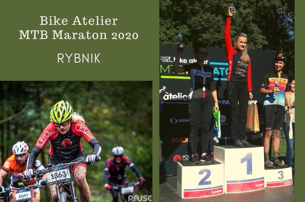 Bike Atelier MTB Maraton 2020 w Rybniku; Anna Kaczmarzyk na rowerze i na podium wraz z drugą Agnieszką Sitarek i trzecią Adą Varisell