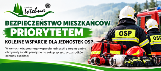 Baner graficzny dotyczący udzielonego wsparcia finansowego dla jednostek OSP z Gminy Istebna; grafika przygotowana przy użyciu AI.