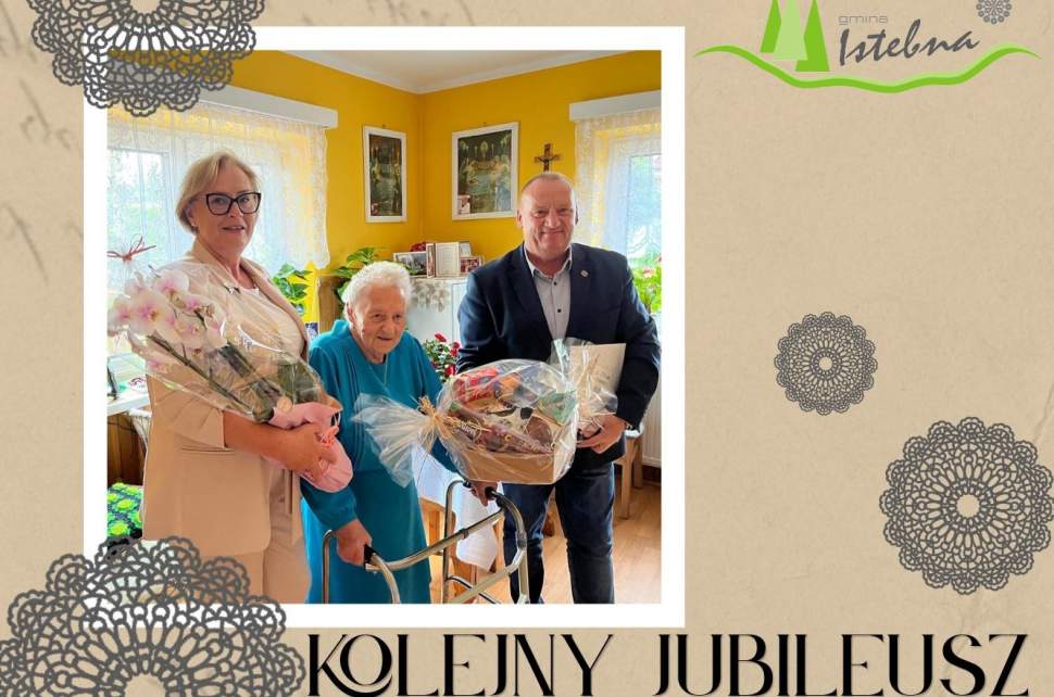 Grafika przedstawia Jubilatkę w towarzystwie Wójta Gminy Istebna oraz Kierownik USC