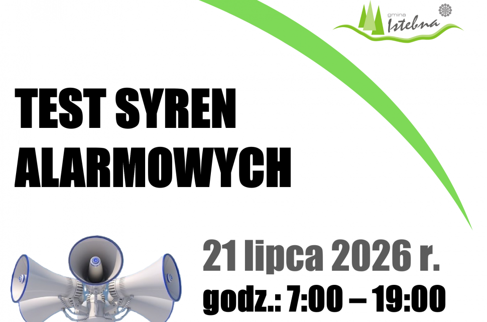 Grafika informacyjna dotycząca testu syren alarmowych.