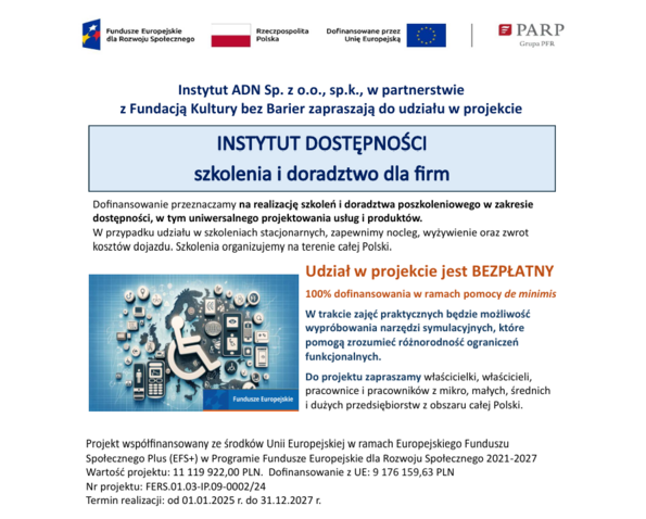 Grafika informacyjna dotycząca bezpłatnego szkolenia dla przedsiębiorców w temacie dostępności.